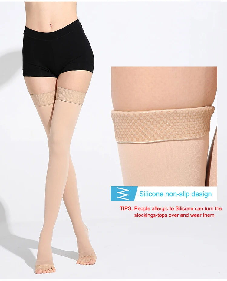 S M L XL XXL XXXL 23~32mmHg Men and Woman Thigh High  Compression Stockings for Varicose Veins Skin tone and black