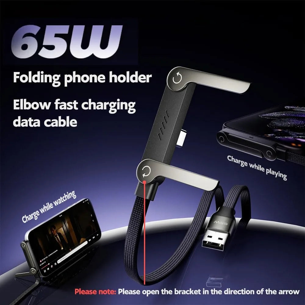 New Design 65W USB-C Cable Multi Charger Cord With With Built-in Foldable Phone Holder 90. Elbow Design Adjustable Stand