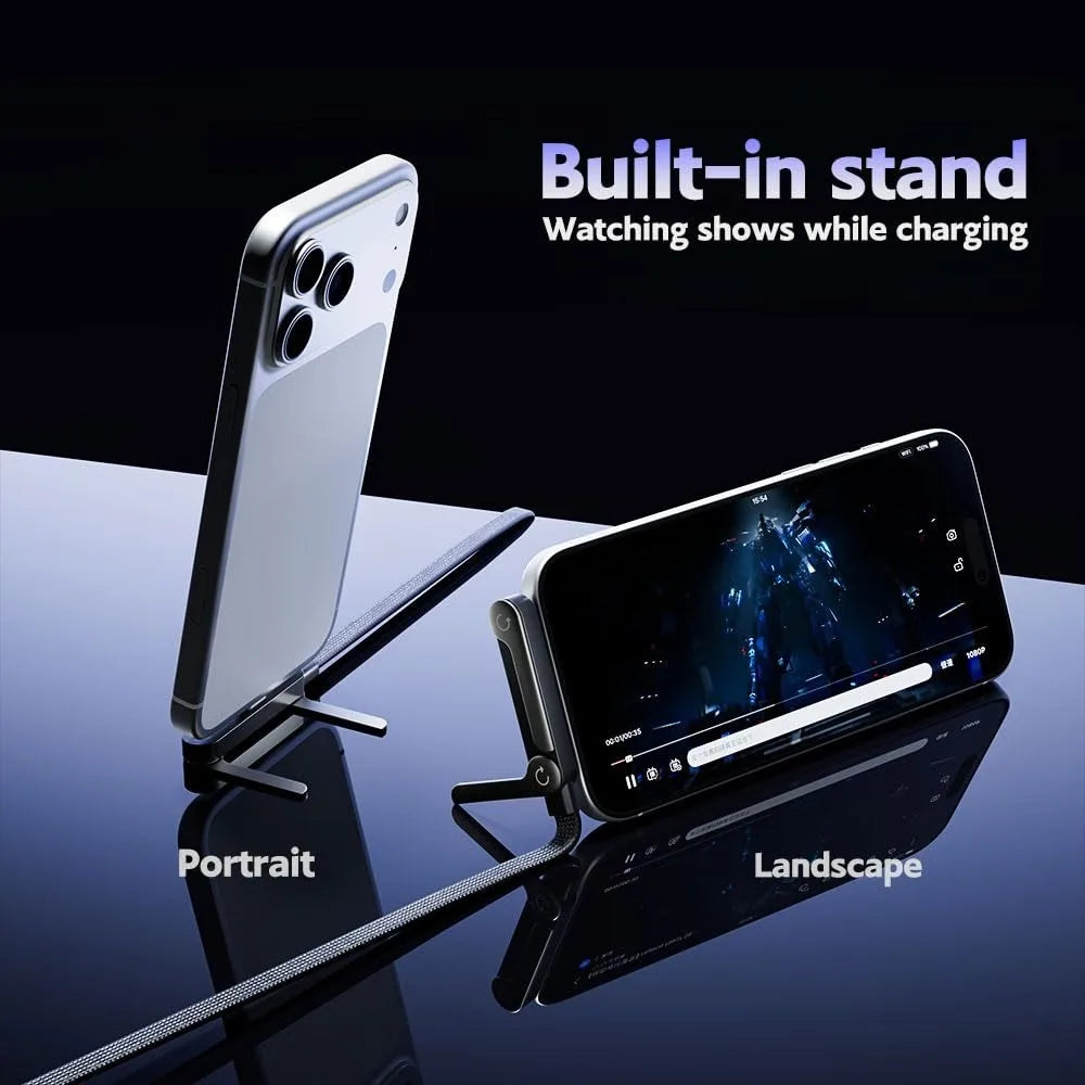 New Design 65W USB-C Cable Multi Charger Cord With With Built-in Foldable Phone Holder 90. Elbow Design Adjustable Stand
