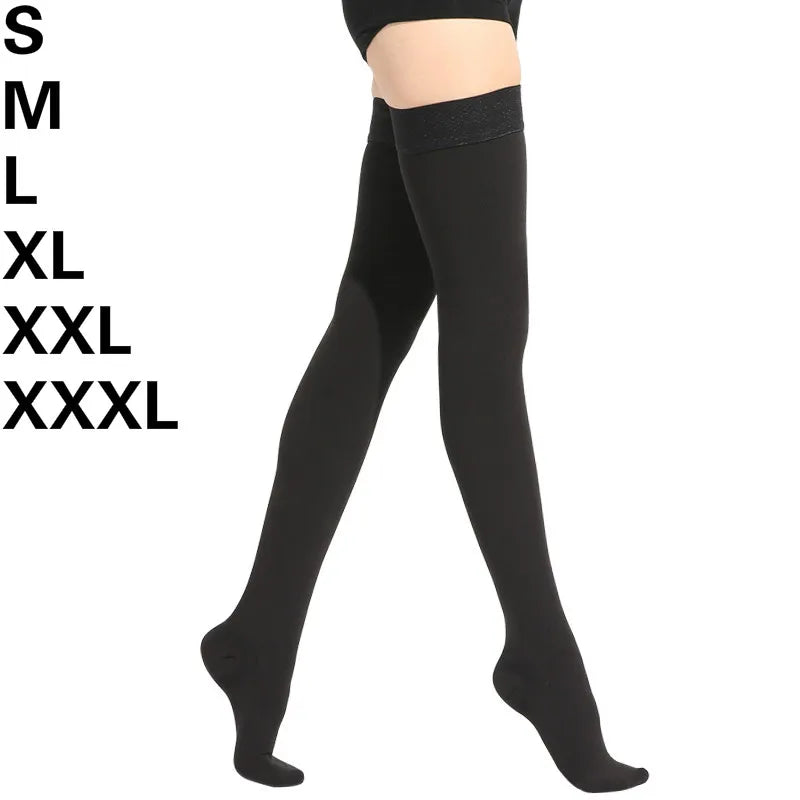 S M L XL XXL XXXL 23~32mmHg Men and Woman Thigh High  Compression Stockings for Varicose Veins Skin tone and black