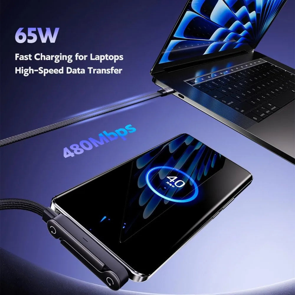 New Design 65W USB-C Cable Multi Charger Cord With With Built-in Foldable Phone Holder 90. Elbow Design Adjustable Stand