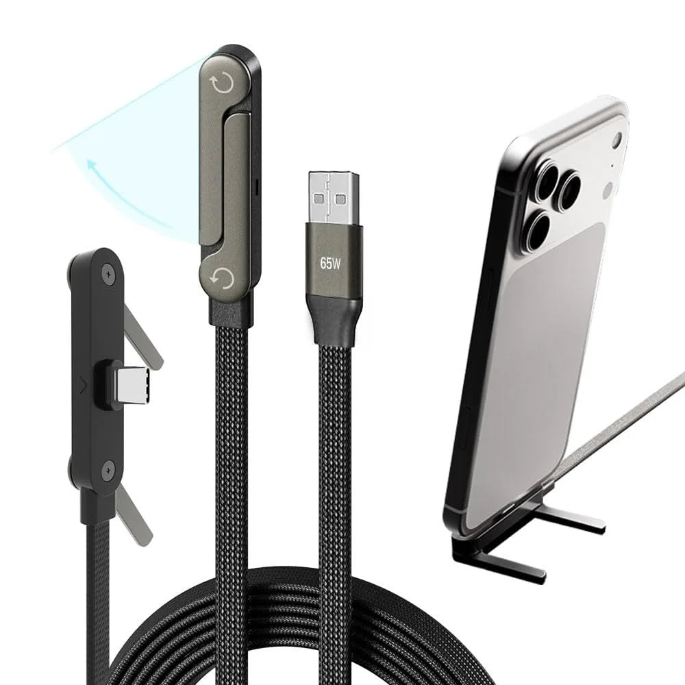 New Design 65W USB-C Cable Multi Charger Cord With With Built-in Foldable Phone Holder 90. Elbow Design Adjustable Stand