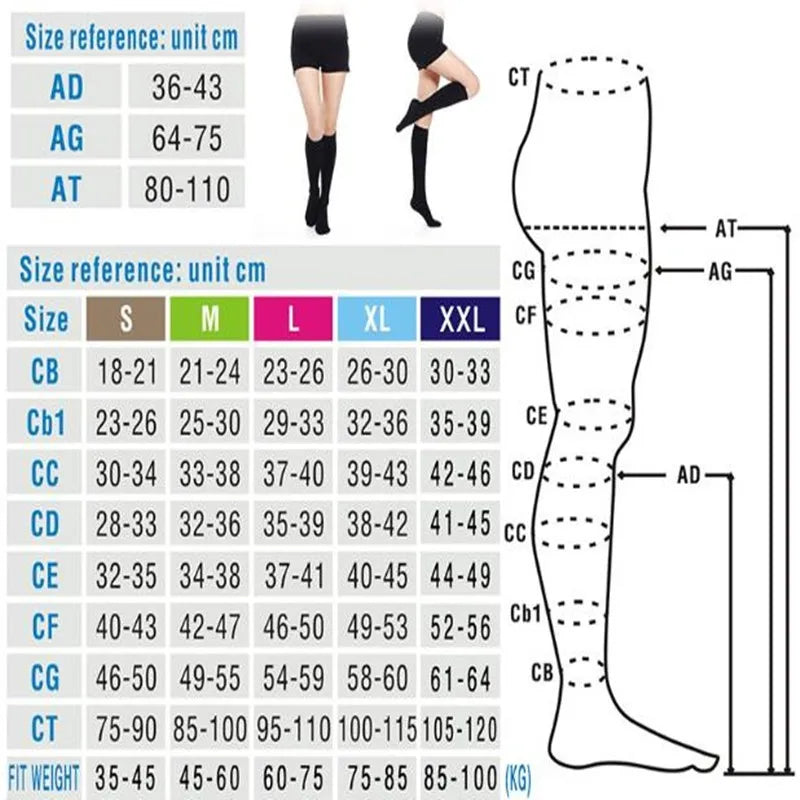 S M L XL XXL XXXL 23~32mmHg Men and Woman Thigh High  Compression Stockings for Varicose Veins Skin tone and black