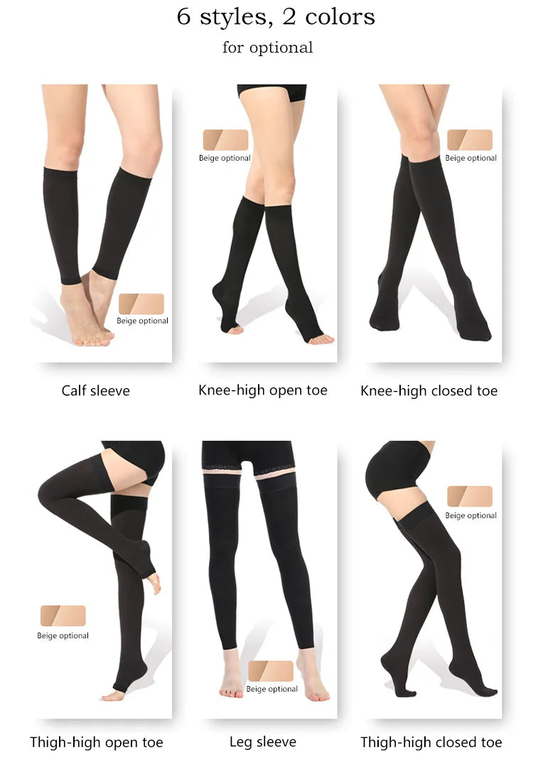 S M L XL XXL XXXL 23~32mmHg Men and Woman Thigh High  Compression Stockings for Varicose Veins Skin tone and black