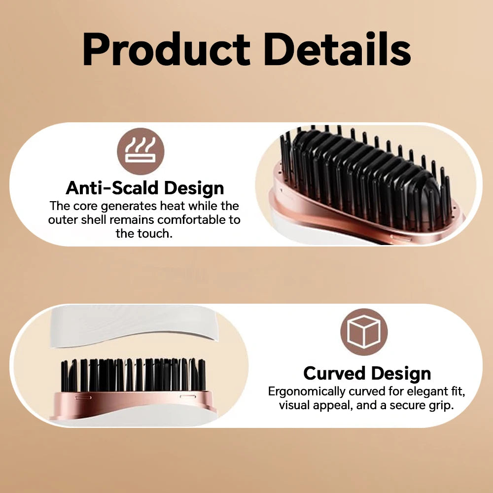Mini Straightener USB Rechargeable Hair Straightener Brush - Anti-Scald Shell, Cordless Straightening Comb for Smooth Hairstyle