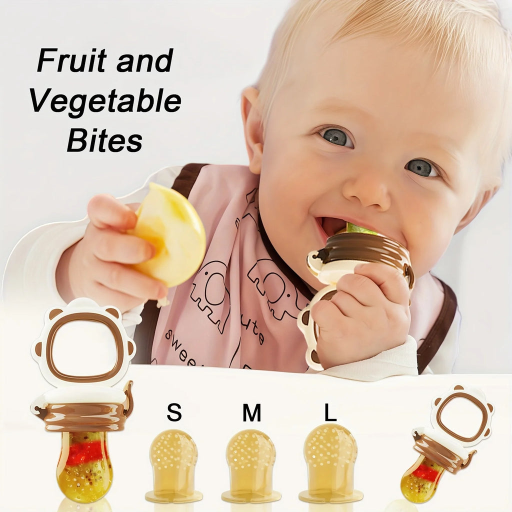 4-Piece Set, Silicone Baby Fruit Feeder, Rotating Push-Type Complementary Food Feeder, with Teething Handle and 3 Extra Mesh Bags