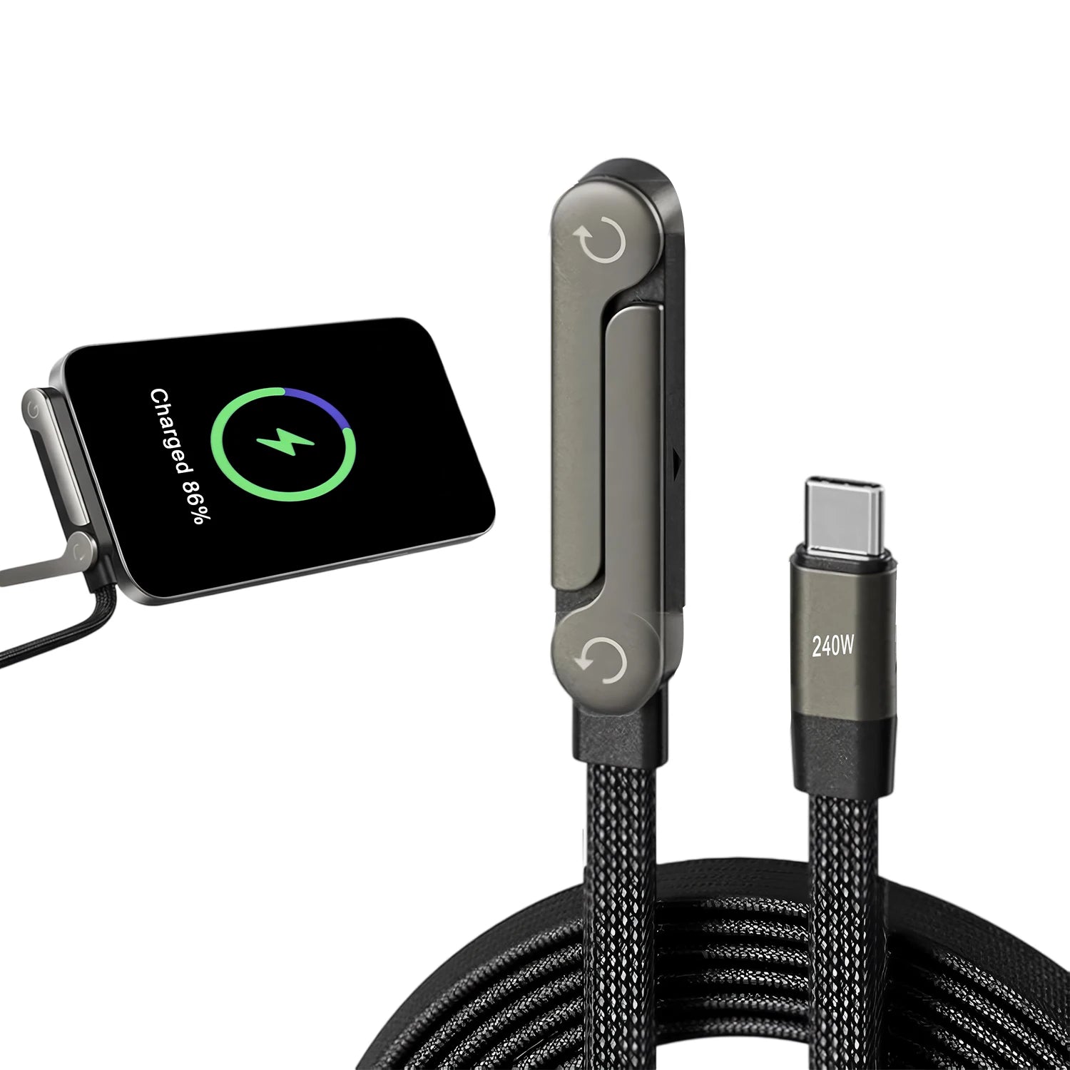 New 240w Cable Charger with Built-in Phone Stand 2-in-1 Fast Charging Cord Sideways Phone Charger for Smartphones Tablets