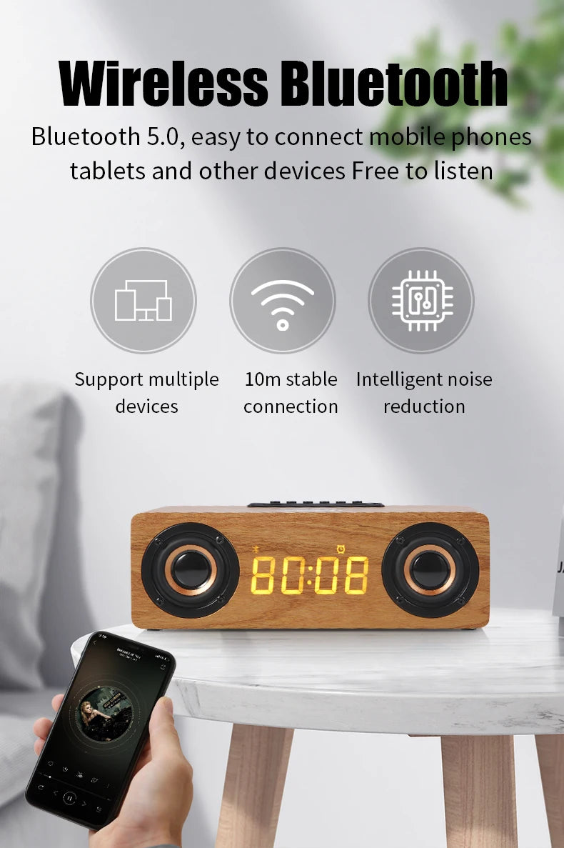 Fast Wireless Charger Wooden Wireless Bluetooth Speaker Alarm Clock with Subwoofer 3D Stereo Boombox Sound Bar for Computer TV