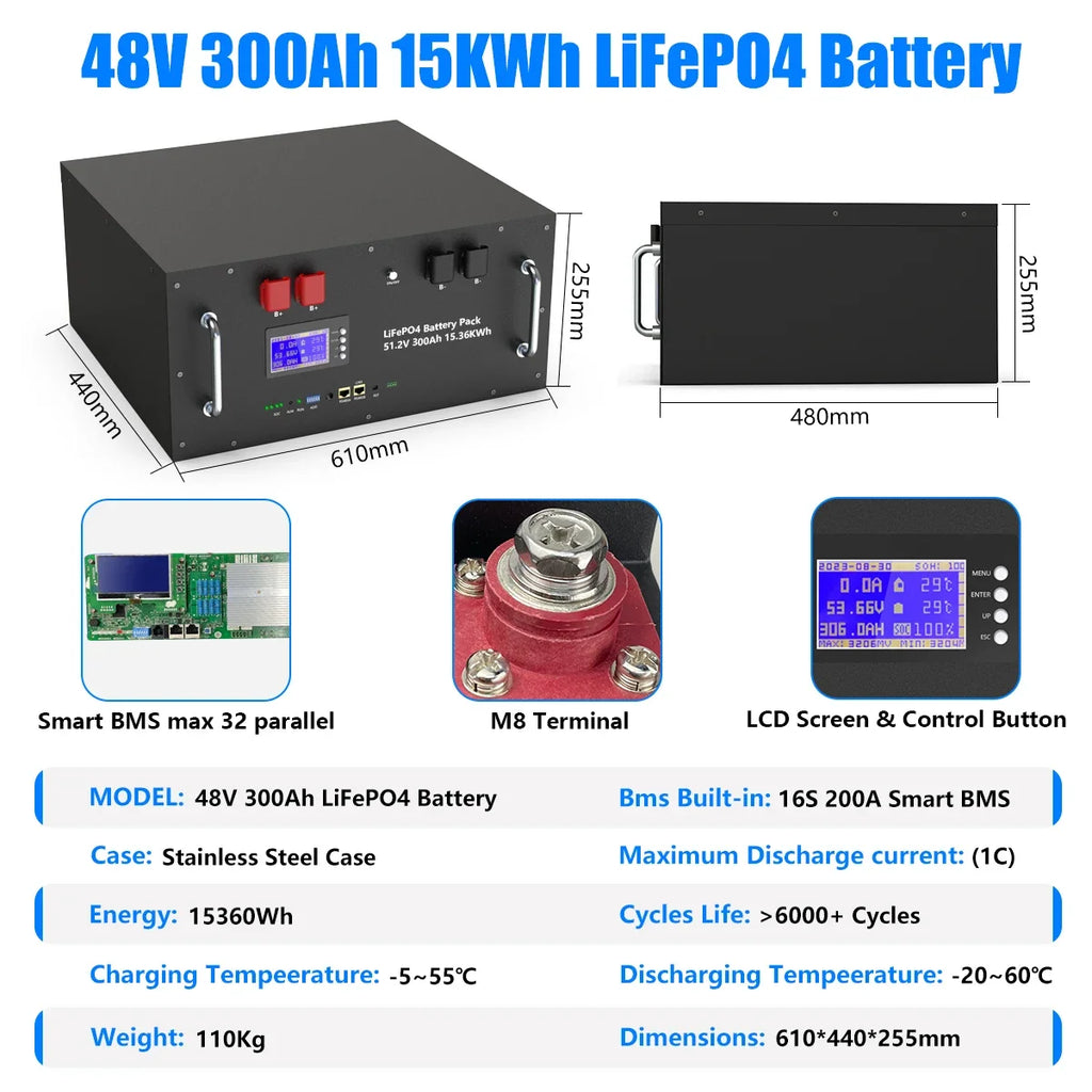 LiFePO4 48V 300AH 15KWH Battery 51.2V 100AH 200AH Lithium Solar Battery 6000+ Cycles With 16S 200A BMS For Inverter  EU Stock