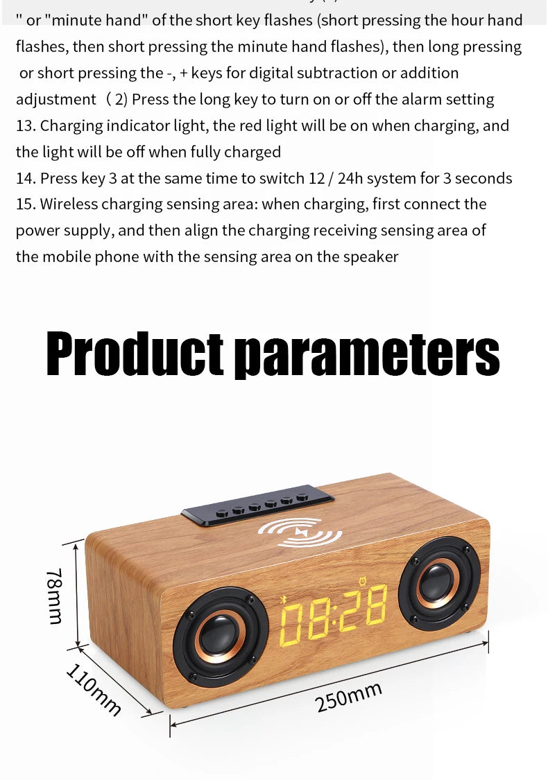 Fast Wireless Charger Wooden Wireless Bluetooth Speaker Alarm Clock with Subwoofer 3D Stereo Boombox Sound Bar for Computer TV
