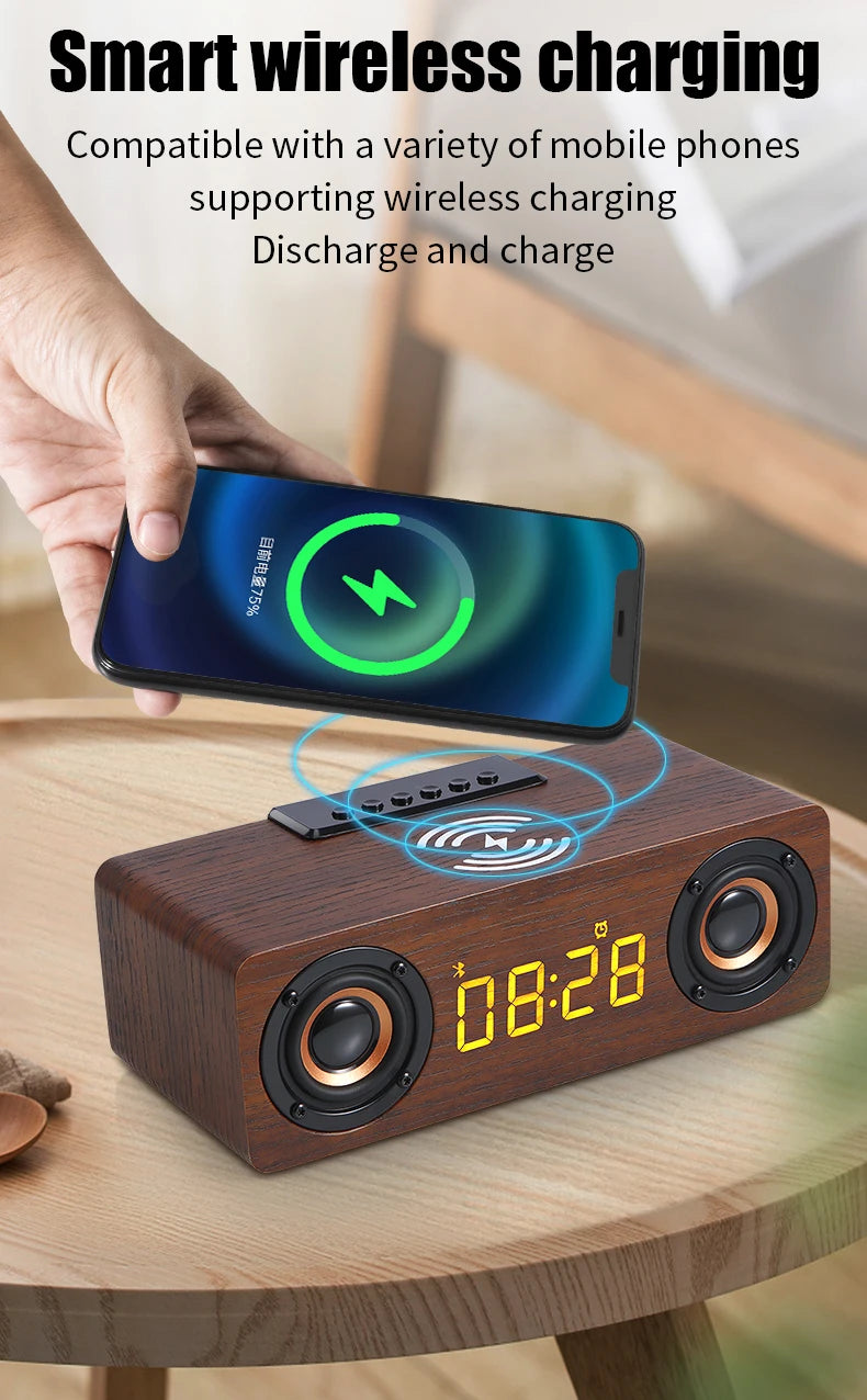 Fast Wireless Charger Wooden Wireless Bluetooth Speaker Alarm Clock with Subwoofer 3D Stereo Boombox Sound Bar for Computer TV
