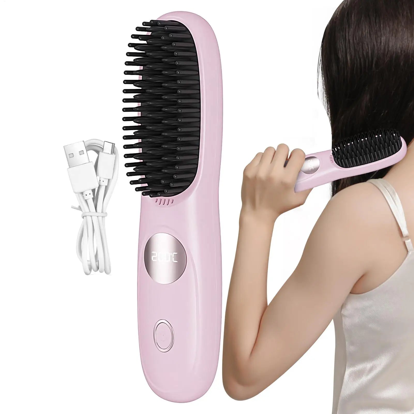 Hair Straightener Brush 3 Level Cordless USB Charging Straightener Portable Mini Straightening Brush for Home Travel