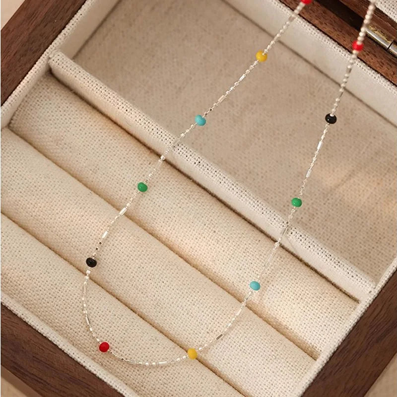 925 Silver Sterling Silver Necklace With Simple Geometric Multicolour Beads Choker Shiny Delicate Collarbone Chain For Women's