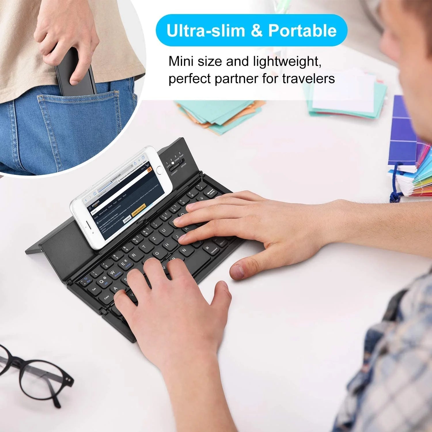 Portable Wireless Bluetooth Foldable Keyboard Mini Trifold Keyboard Aluminum Arabic English Layout for Mobile Phone Teclado
