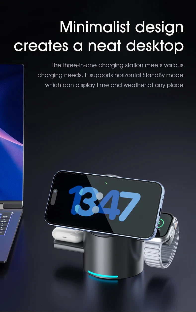 Qi2 Magnetic Wireless Charger Fast Charger 3-in-1 Intelligent Fast Charging 15W for IPhone 12/13/14/15/16, for Iwatch & AirPods