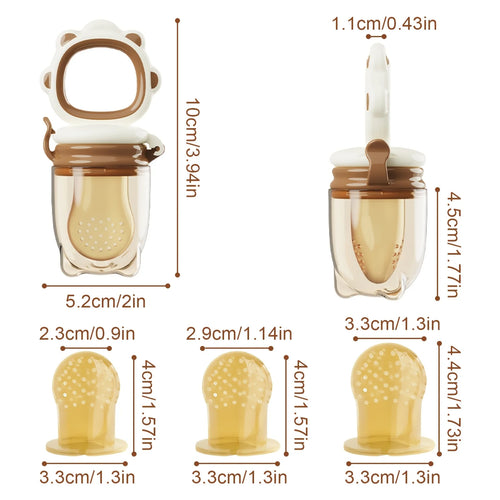 4-Piece Set, Silicone Baby Fruit Feeder, Rotating Push-Type Complementary Food Feeder, with Teething Handle and 3 Extra Mesh Bags