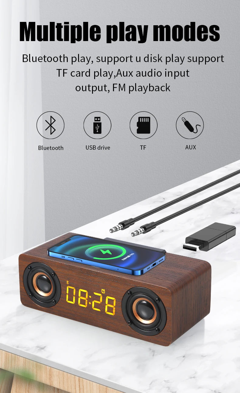 Fast Wireless Charger Wooden Wireless Bluetooth Speaker Alarm Clock with Subwoofer 3D Stereo Boombox Sound Bar for Computer TV