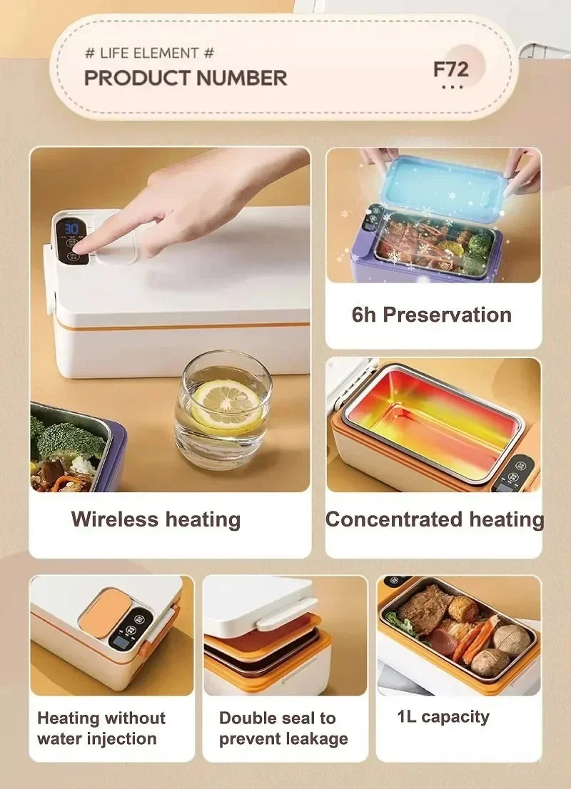 1L USB Electric Lunch Box Portable Heated Food Warmer Rechargeable Insulated Container for Office Camping Travel Commuting