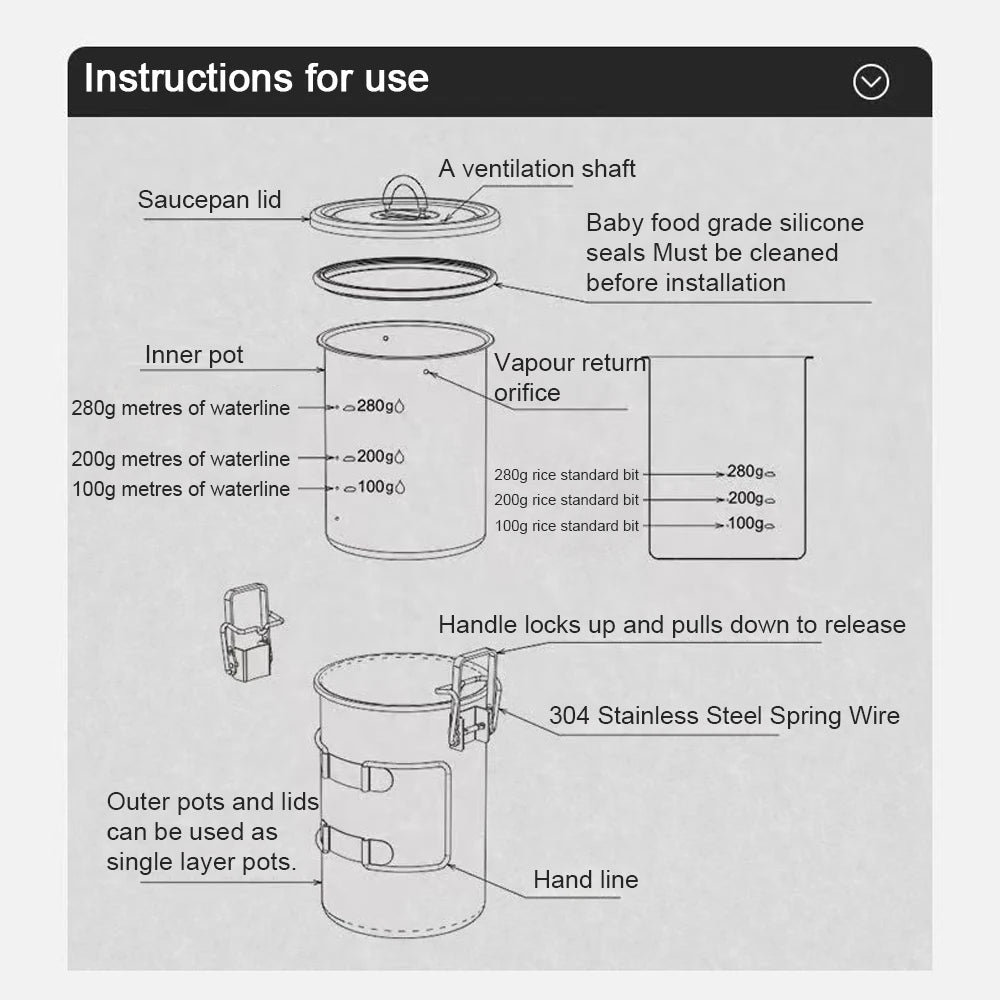 Camping Hiking Rice Cooker Outdoor Portable Picnic Cookware Stainless Steel Pot Multifunctional Travel Cooking Accessory
