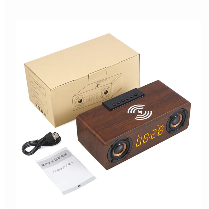 Fast Wireless Charger Wooden Wireless Bluetooth Speaker Alarm Clock with Subwoofer 3D Stereo Boombox Sound Bar for Computer TV