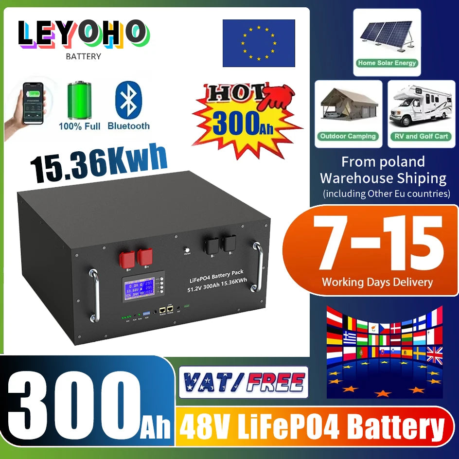 LiFePO4 Battery 48V 300Ah 15Kwh 6000+ Cycles Bluetooth BMS 100Ah 120Ah 150Ah 200Ah Home Solar Energy RV Lithium Battery EU STOCK