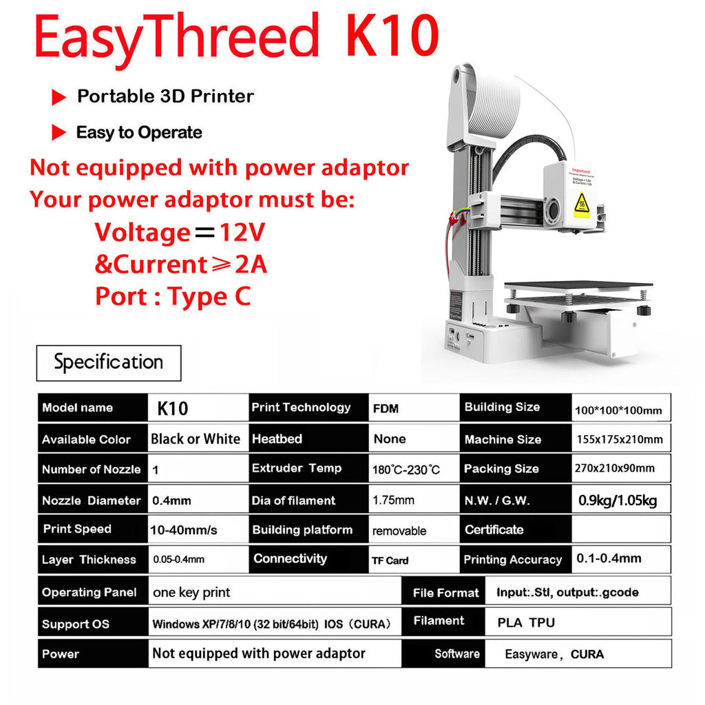 EasyThreed K10 Mini 3D Printer  100x100x100mm Build Size with One-Key Printing & Removable Platform, Ideal for Beginners & Kids