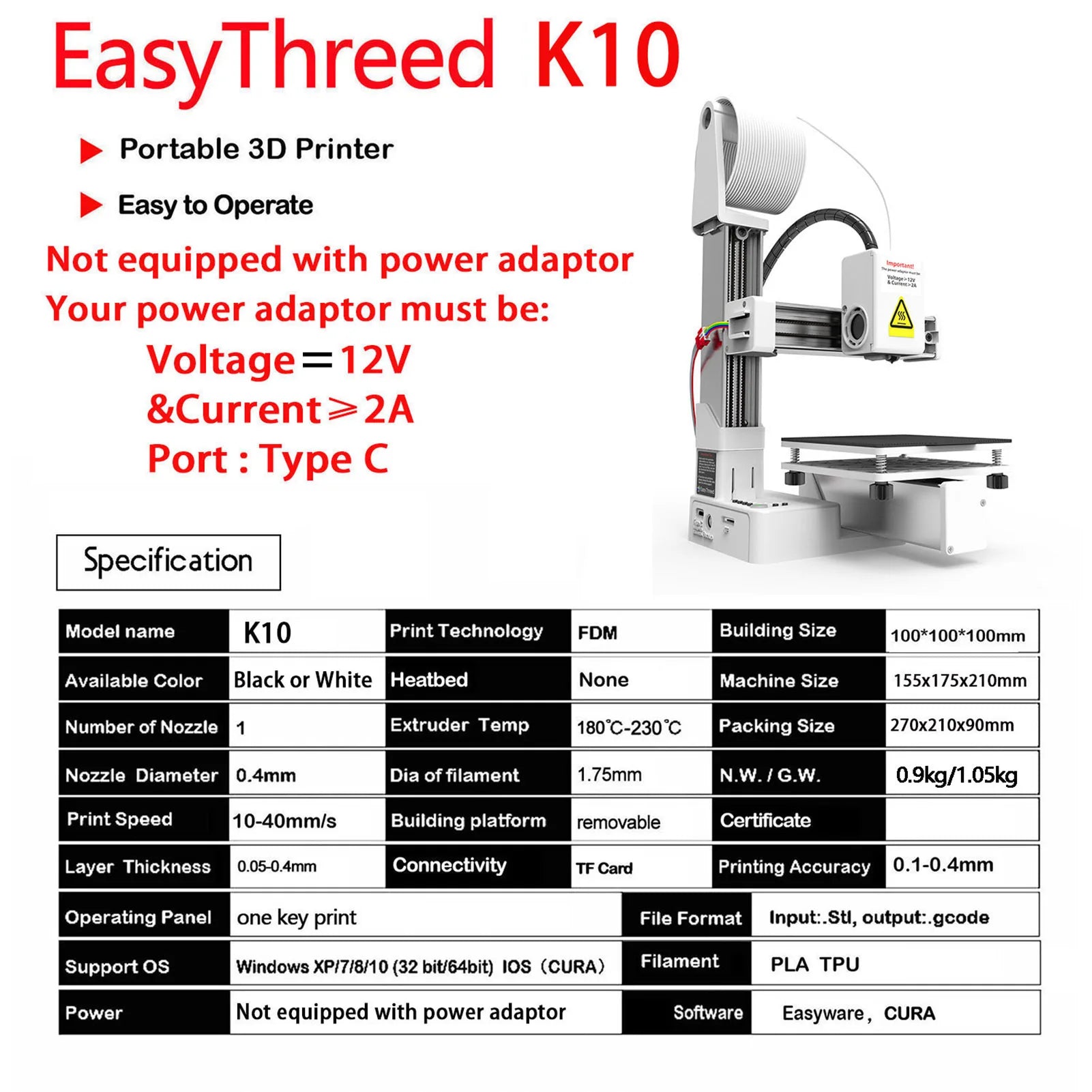 EasyThreed K10 Mini 3D Printer  100x100x100mm Build Size with One-Key Printing & Removable Platform, Ideal for Beginners & Kids
