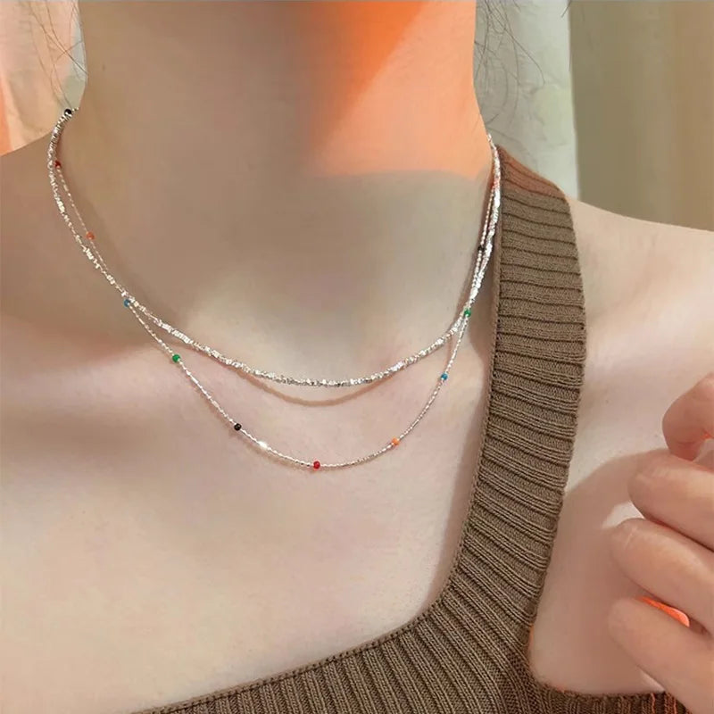 925 Silver Sterling Silver Necklace With Simple Geometric Multicolour Beads Choker Shiny Delicate Collarbone Chain For Women's