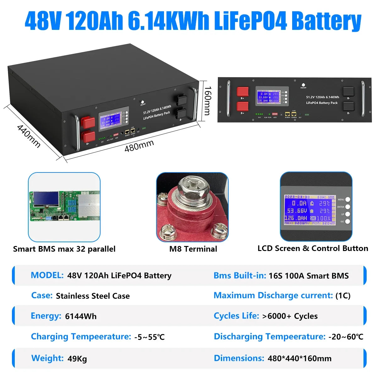 LiFePO4 48V 300AH 15KWH Battery 51.2V 100AH 200AH Lithium Solar Battery 6000+ Cycles With 16S 200A BMS For Inverter  EU Stock
