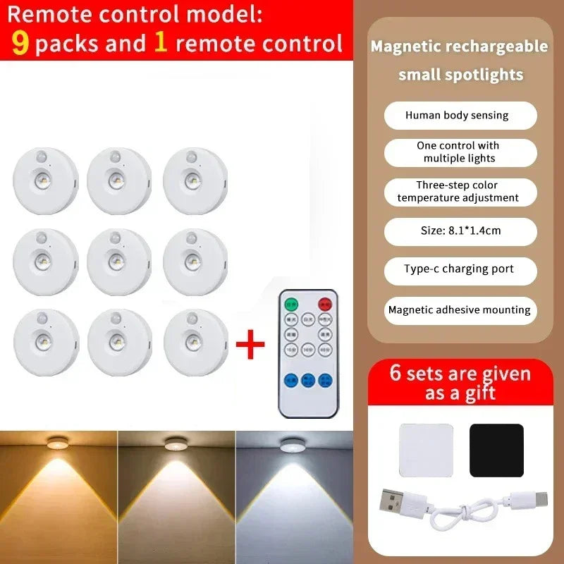 LED Motion Sensor Night Light Wireless Under Cabint Lights Dimmable USB Rechargeable Lighting Kitchen Aisle Closet Home Decor