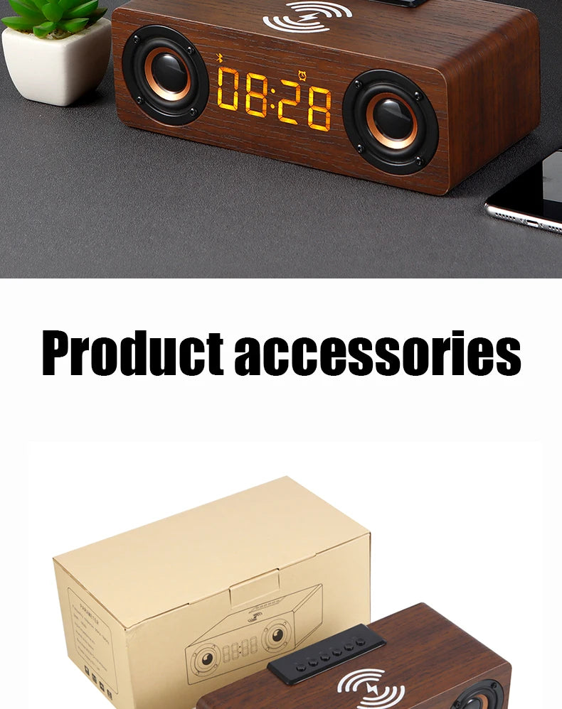 Fast Wireless Charger Wooden Wireless Bluetooth Speaker Alarm Clock with Subwoofer 3D Stereo Boombox Sound Bar for Computer TV