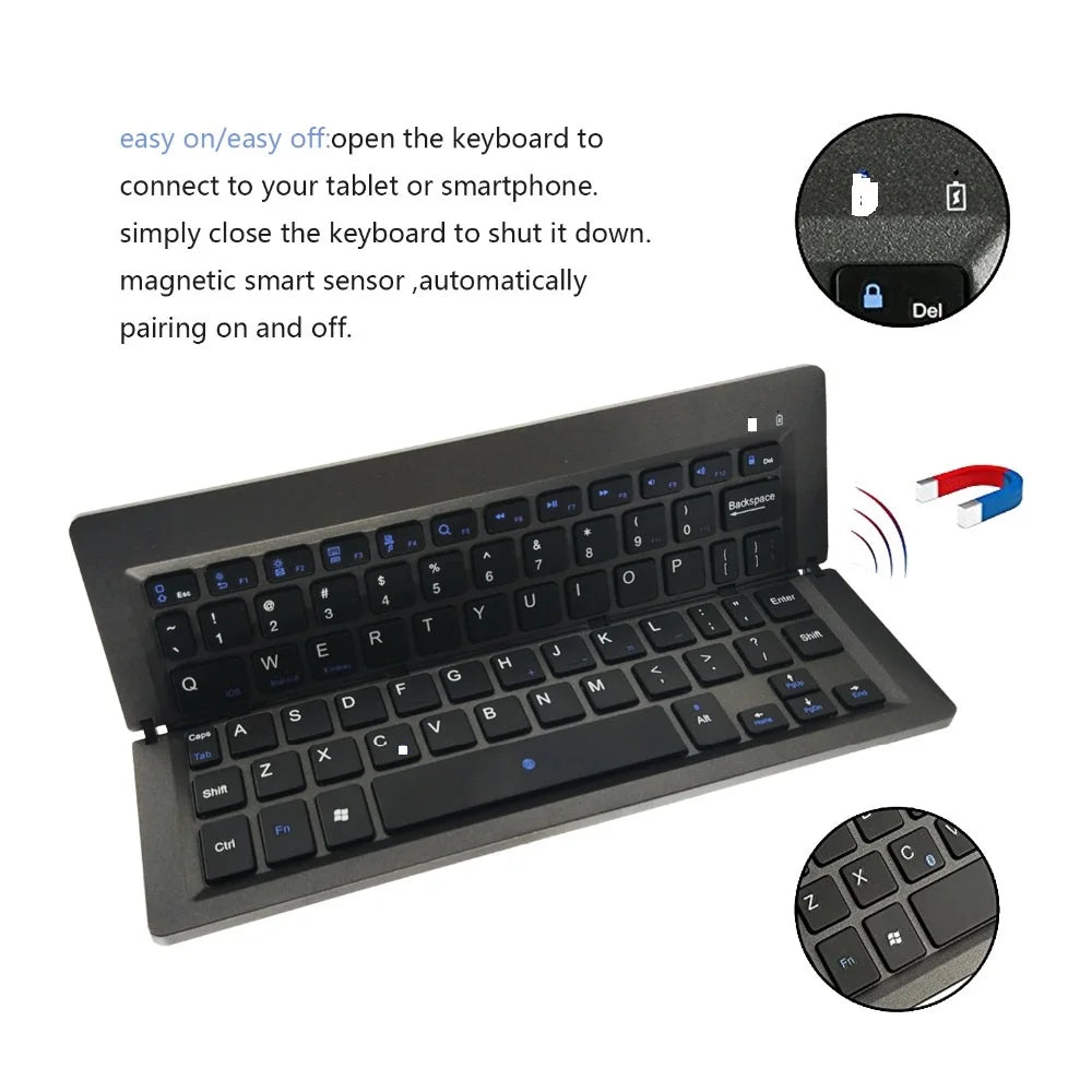 Portable Wireless Bluetooth Foldable Keyboard Mini Trifold Keyboard Aluminum Arabic English Layout for Mobile Phone Teclado