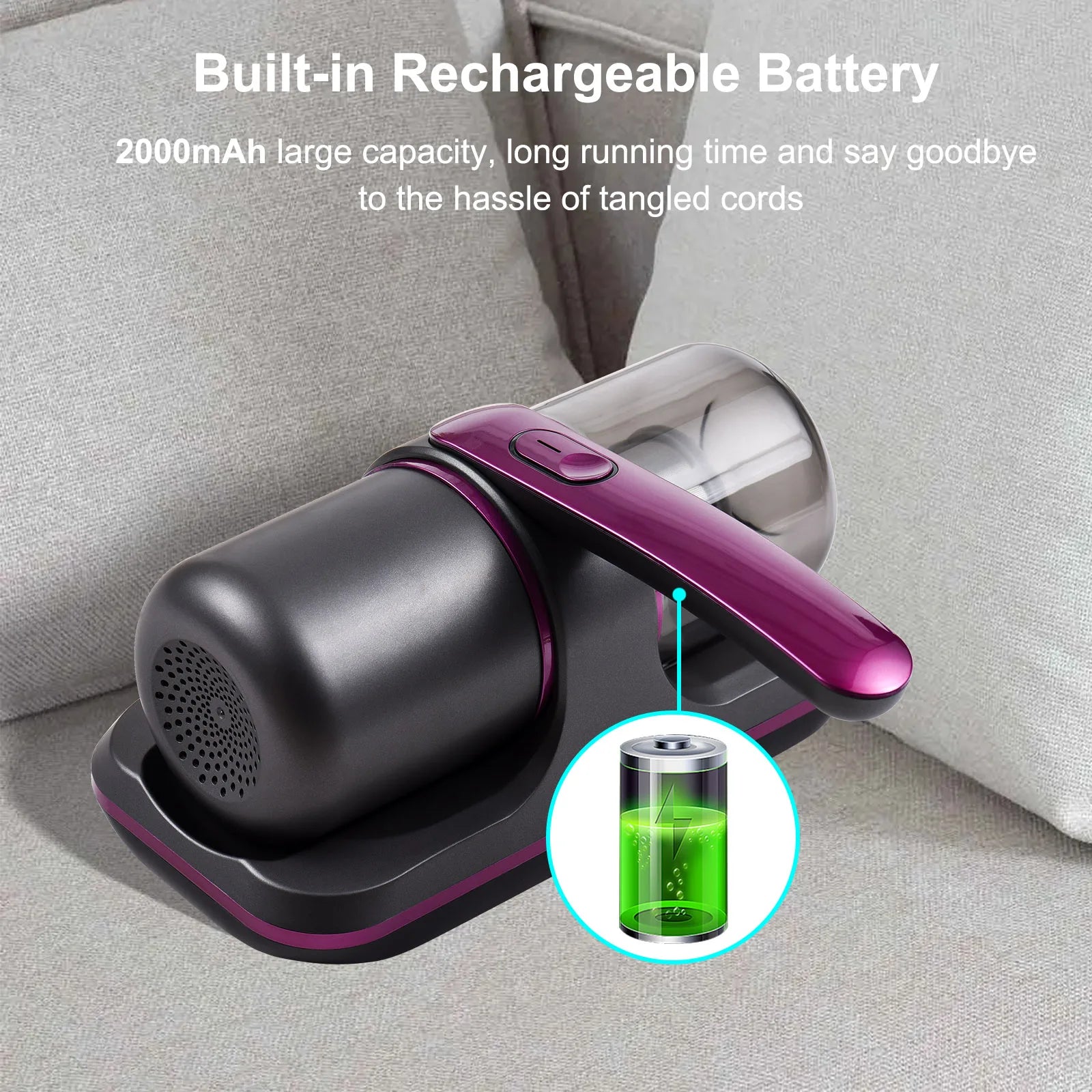 Compact Mattress Vacuum Cleaner 100W Handheld Cordless UV Bed Vacuum Cleaner 8000Pa Strong Suction 2 Speeds Adjustable for Clean