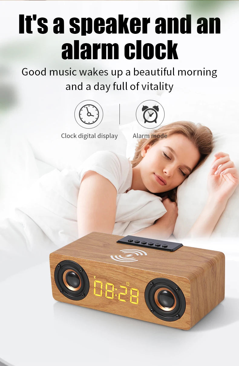 Fast Wireless Charger Wooden Wireless Bluetooth Speaker Alarm Clock with Subwoofer 3D Stereo Boombox Sound Bar for Computer TV