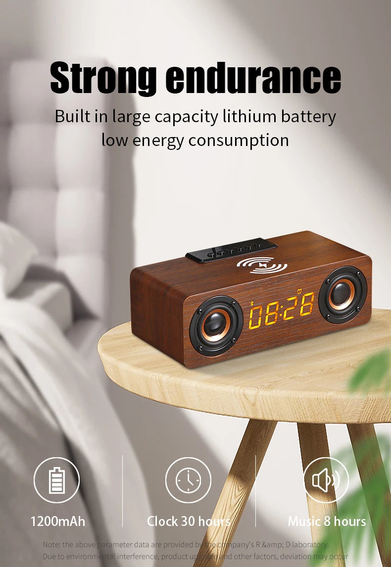 Fast Wireless Charger Wooden Wireless Bluetooth Speaker Alarm Clock with Subwoofer 3D Stereo Boombox Sound Bar for Computer TV