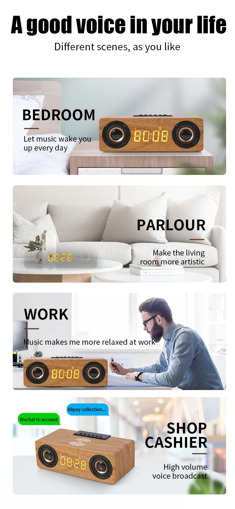 Fast Wireless Charger Wooden Wireless Bluetooth Speaker Alarm Clock with Subwoofer 3D Stereo Boombox Sound Bar for Computer TV
