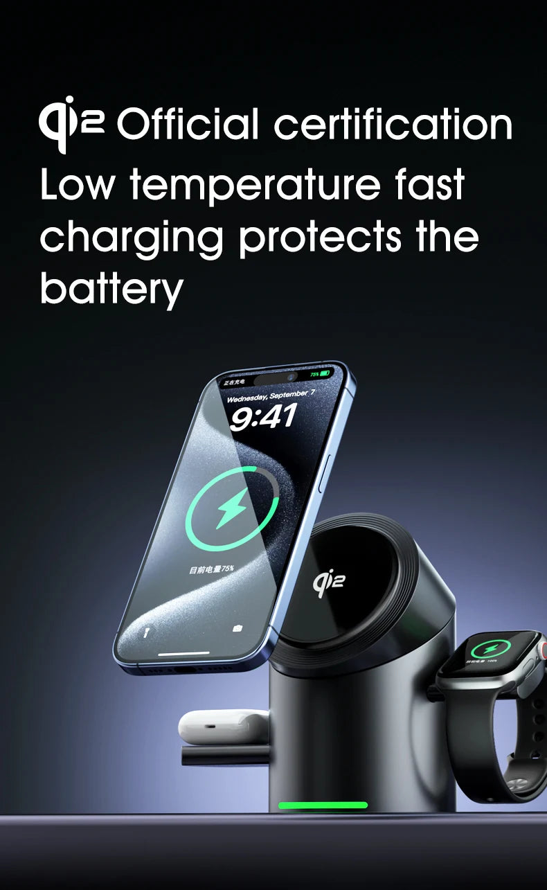 Qi2 Magnetic Wireless Charger Fast Charger 3-in-1 Intelligent Fast Charging 15W for IPhone 12/13/14/15/16, for Iwatch & AirPods