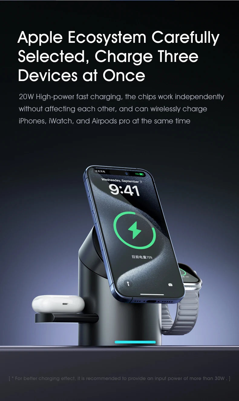 Qi2 Magnetic Wireless Charger Fast Charger 3-in-1 Intelligent Fast Charging 15W for IPhone 12/13/14/15/16, for Iwatch & AirPods