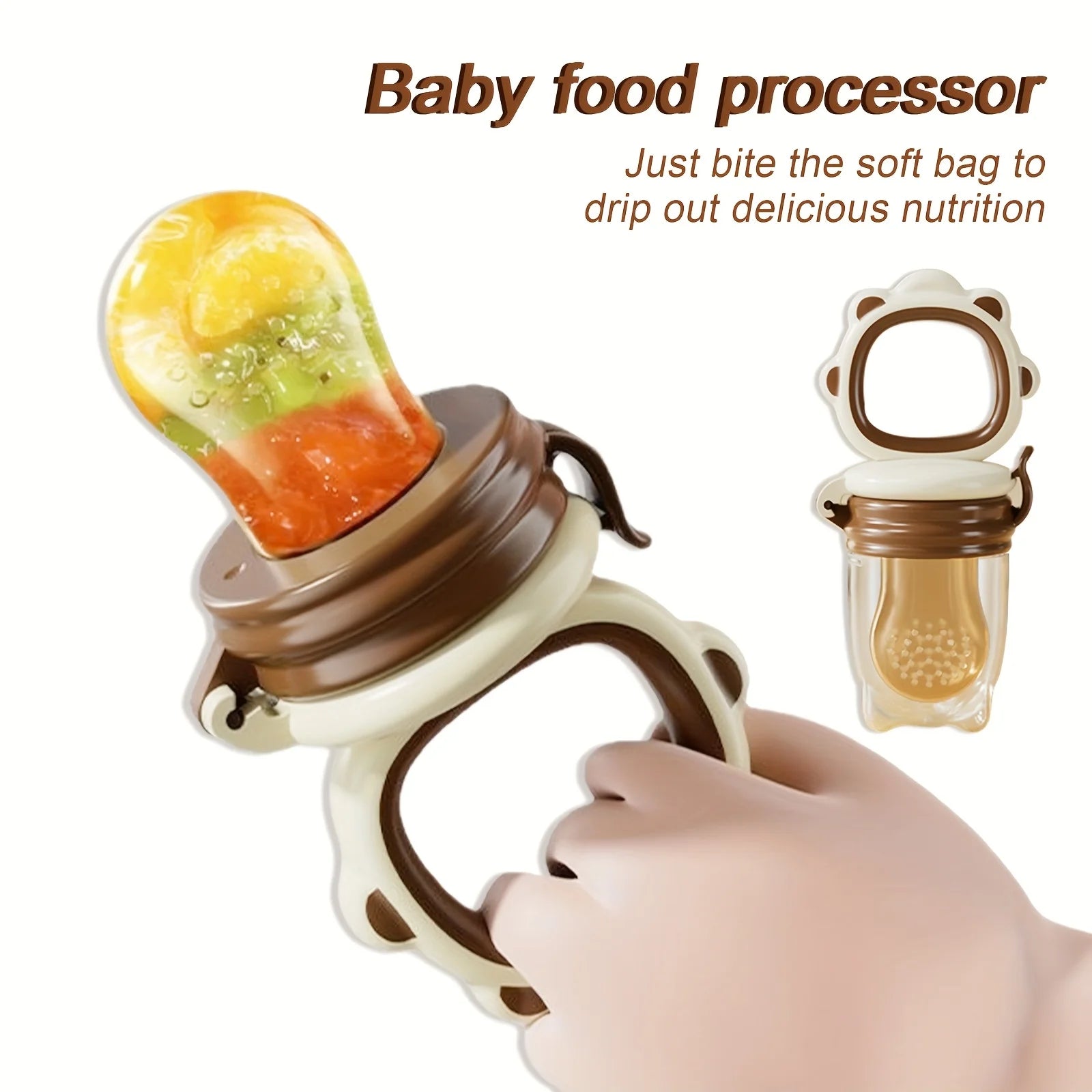 4-Piece Set, Silicone Baby Fruit Feeder, Rotating Push-Type Complementary Food Feeder, with Teething Handle and 3 Extra Mesh Bags