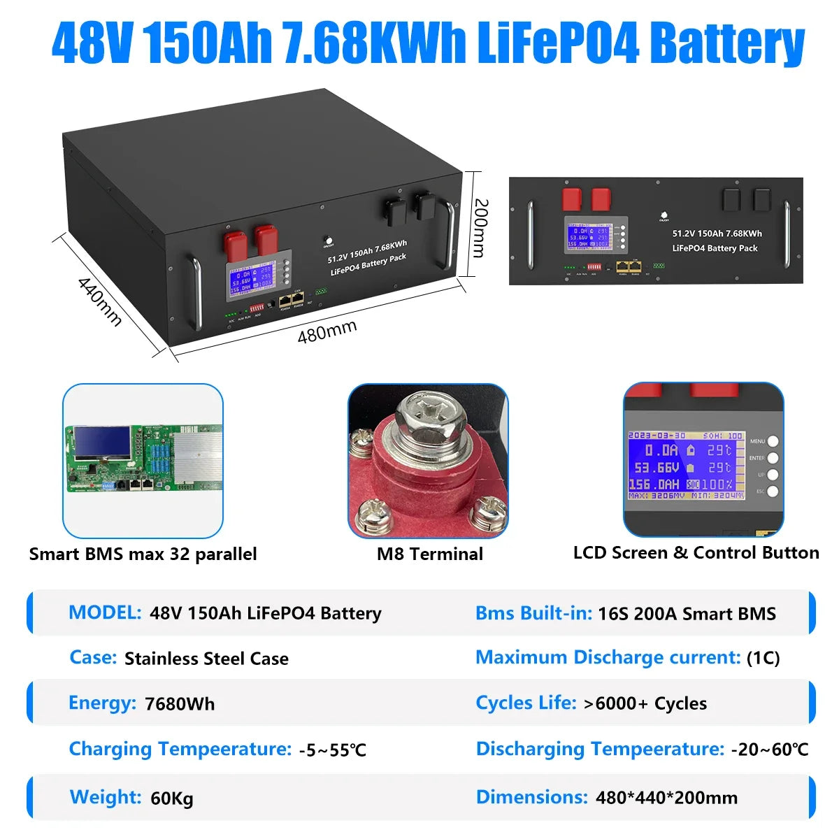 LiFePO4 48V 300AH 15KWH Battery 51.2V 100AH 200AH Lithium Solar Battery 6000+ Cycles With 16S 200A BMS For Inverter  EU Stock