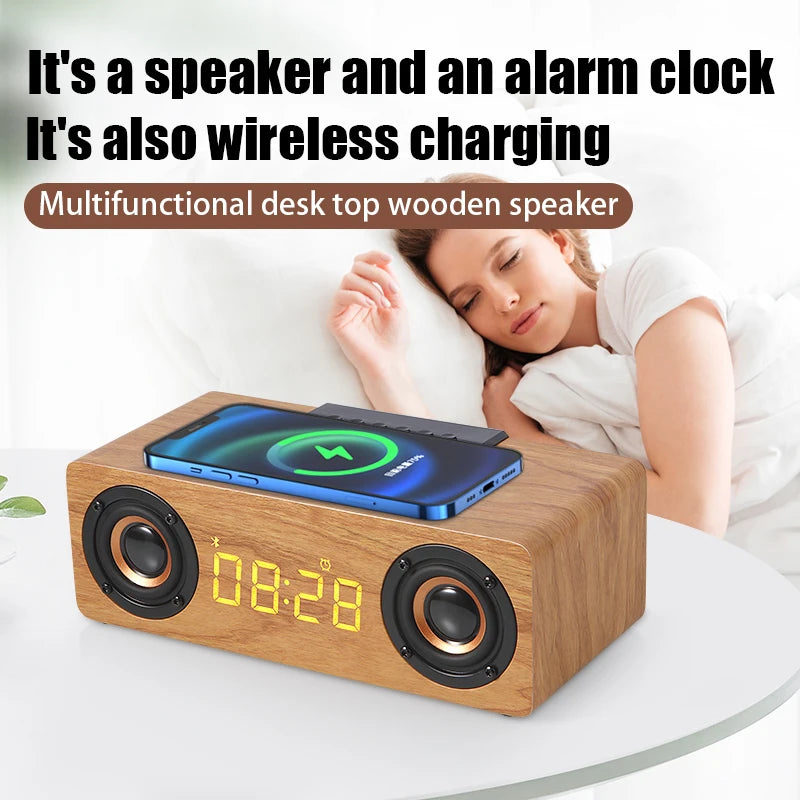 Fast Wireless Charger Wooden Wireless Bluetooth Speaker Alarm Clock with Subwoofer 3D Stereo Boombox Sound Bar for Computer TV
