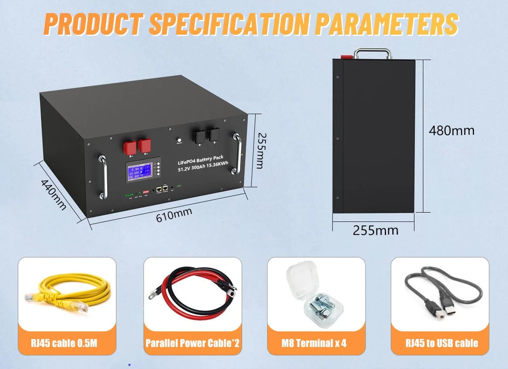 LiFePO4 48V 300AH 15KWH Battery 51.2V 100AH 200AH Lithium Solar Battery 6000+ Cycles With 16S 200A BMS For Inverter  EU Stock