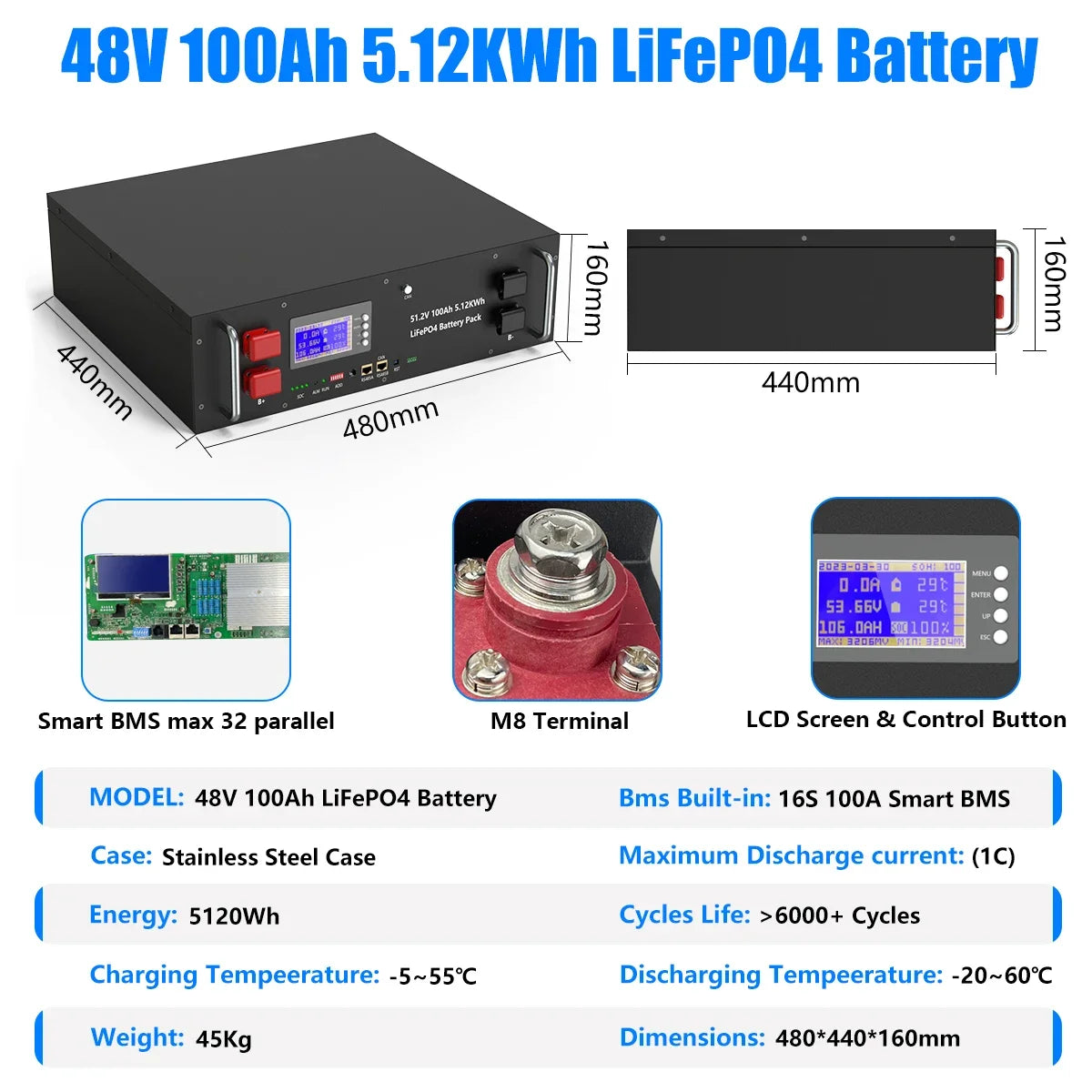 LiFePO4 48V 300AH 15KWH Battery 51.2V 100AH 200AH Lithium Solar Battery 6000+ Cycles With 16S 200A BMS For Inverter  EU Stock