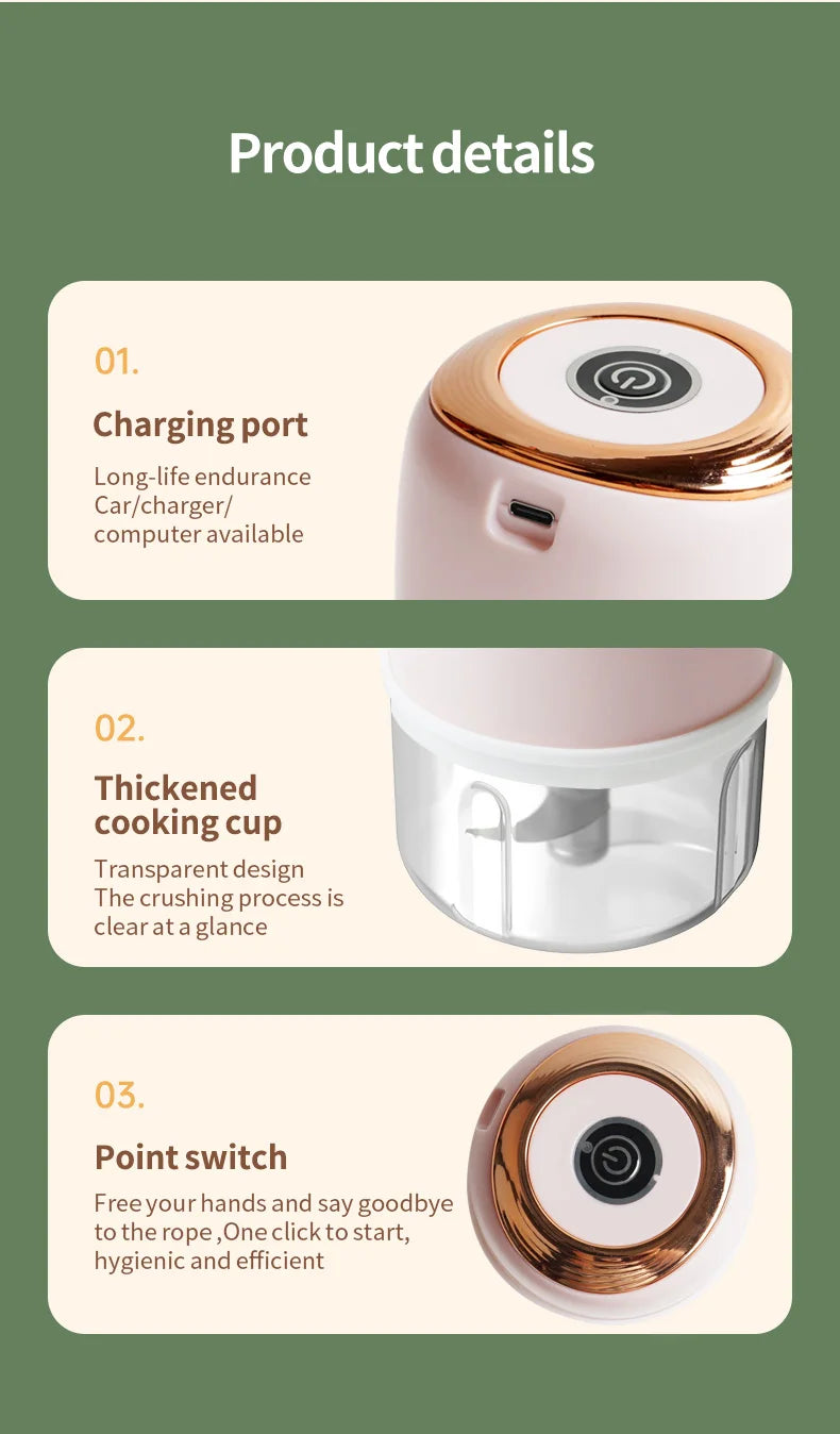 Mini Electric Garlic Chopper & Meat Grinder | USB Rechargeable, Sturdy, Durable Vegetable Crusher | Kitchen Food Processor