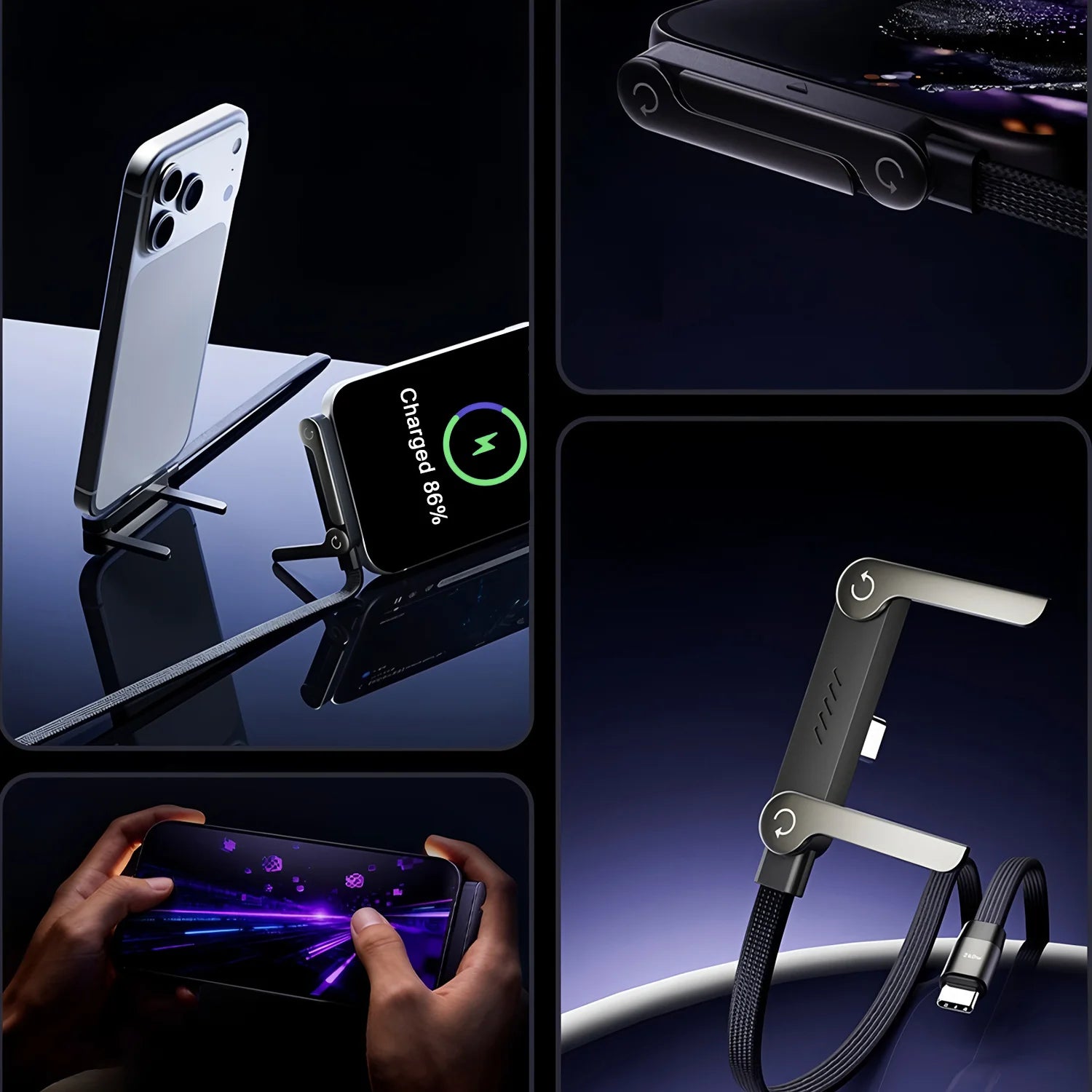 New 240w Cable Charger with Built-in Phone Stand 2-in-1 Fast Charging Cord Sideways Phone Charger for Smartphones Tablets