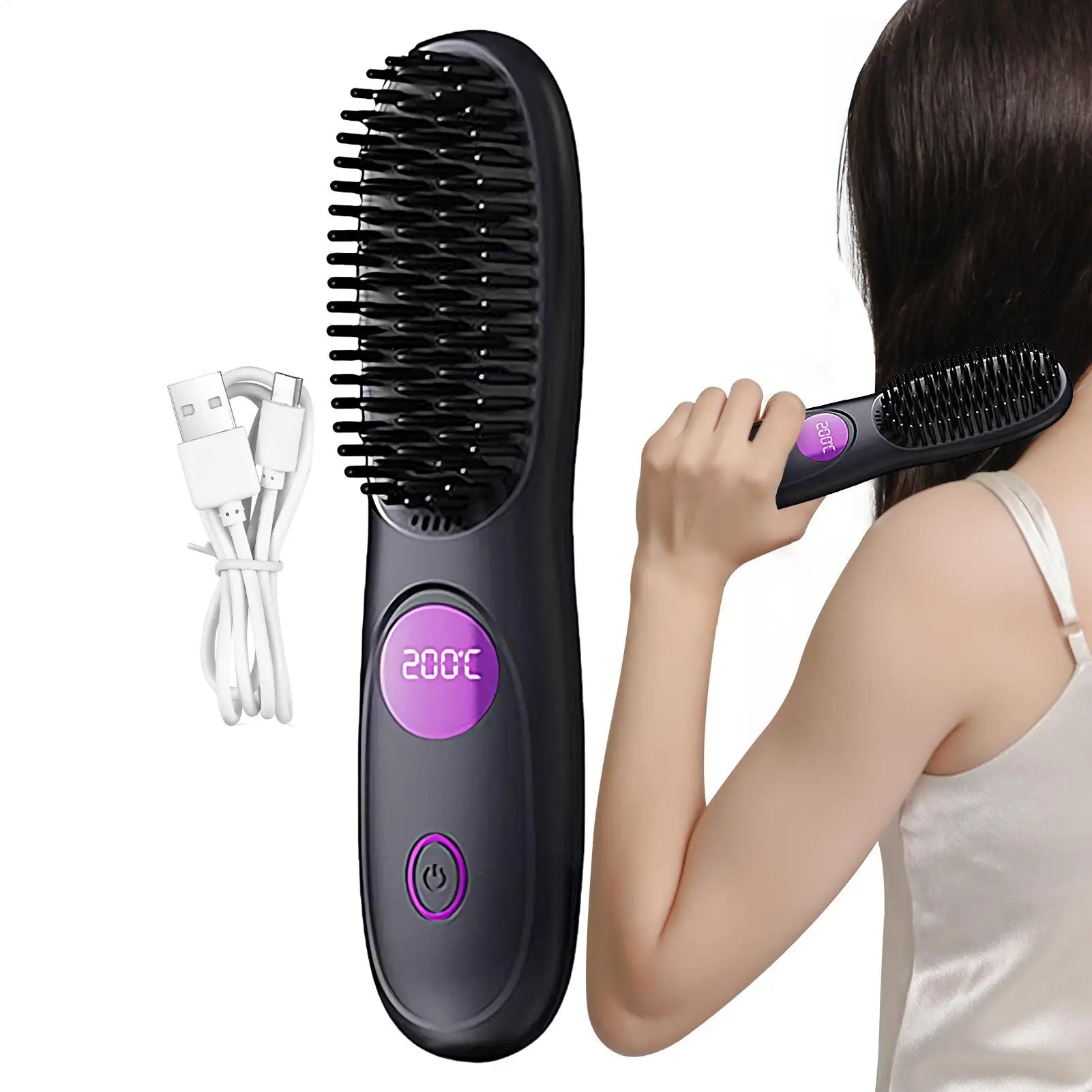 Hair Straightener Brush 3 Level Cordless USB Charging Straightener Portable Mini Straightening Brush for Home Travel