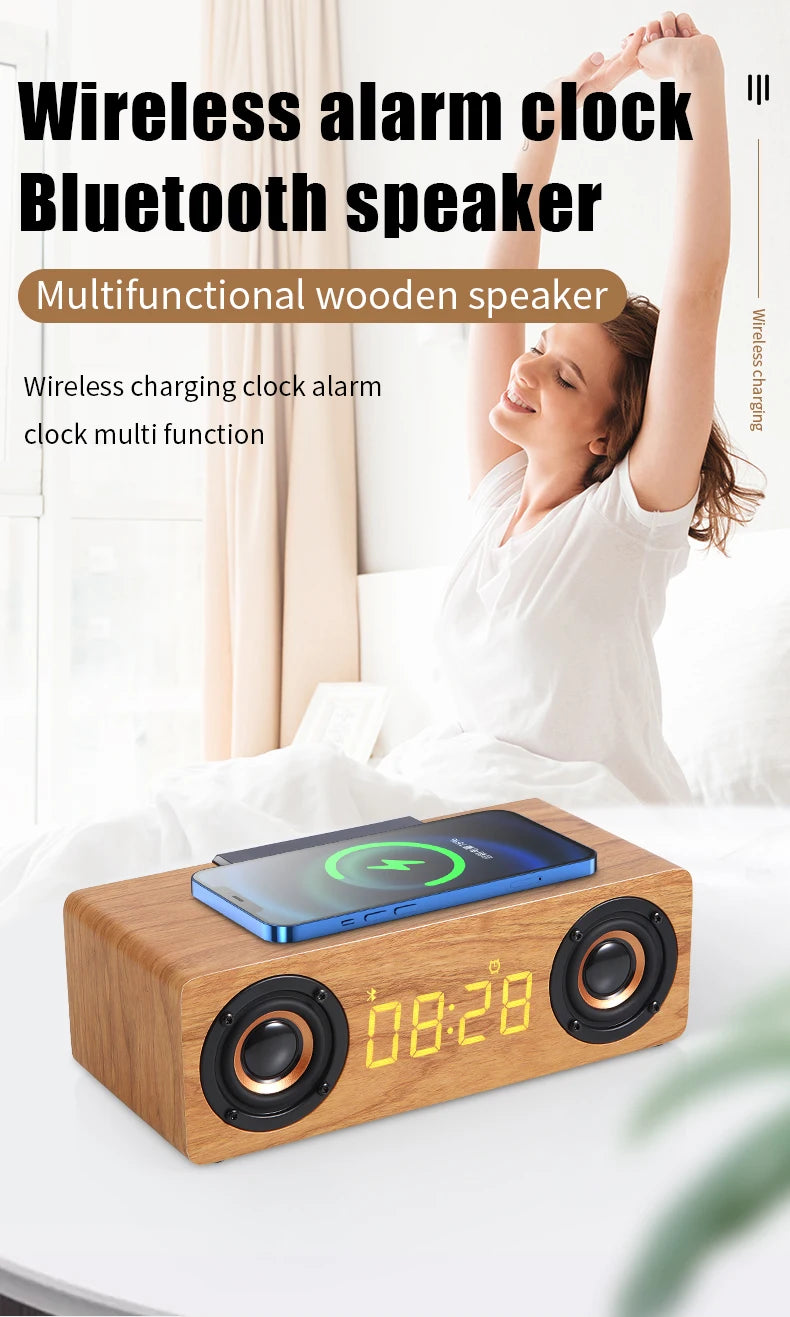 Fast Wireless Charger Wooden Wireless Bluetooth Speaker Alarm Clock with Subwoofer 3D Stereo Boombox Sound Bar for Computer TV