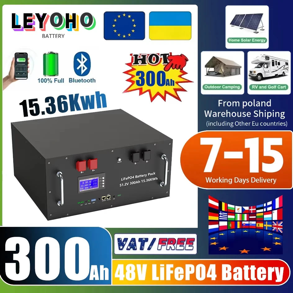 LiFePO4 Battery 48V 300Ah 15Kwh 6000+ Cycles Bluetooth BMS 100Ah 120Ah 150Ah 200Ah Home Solar Energy RV Lithium Battery EU STOCK