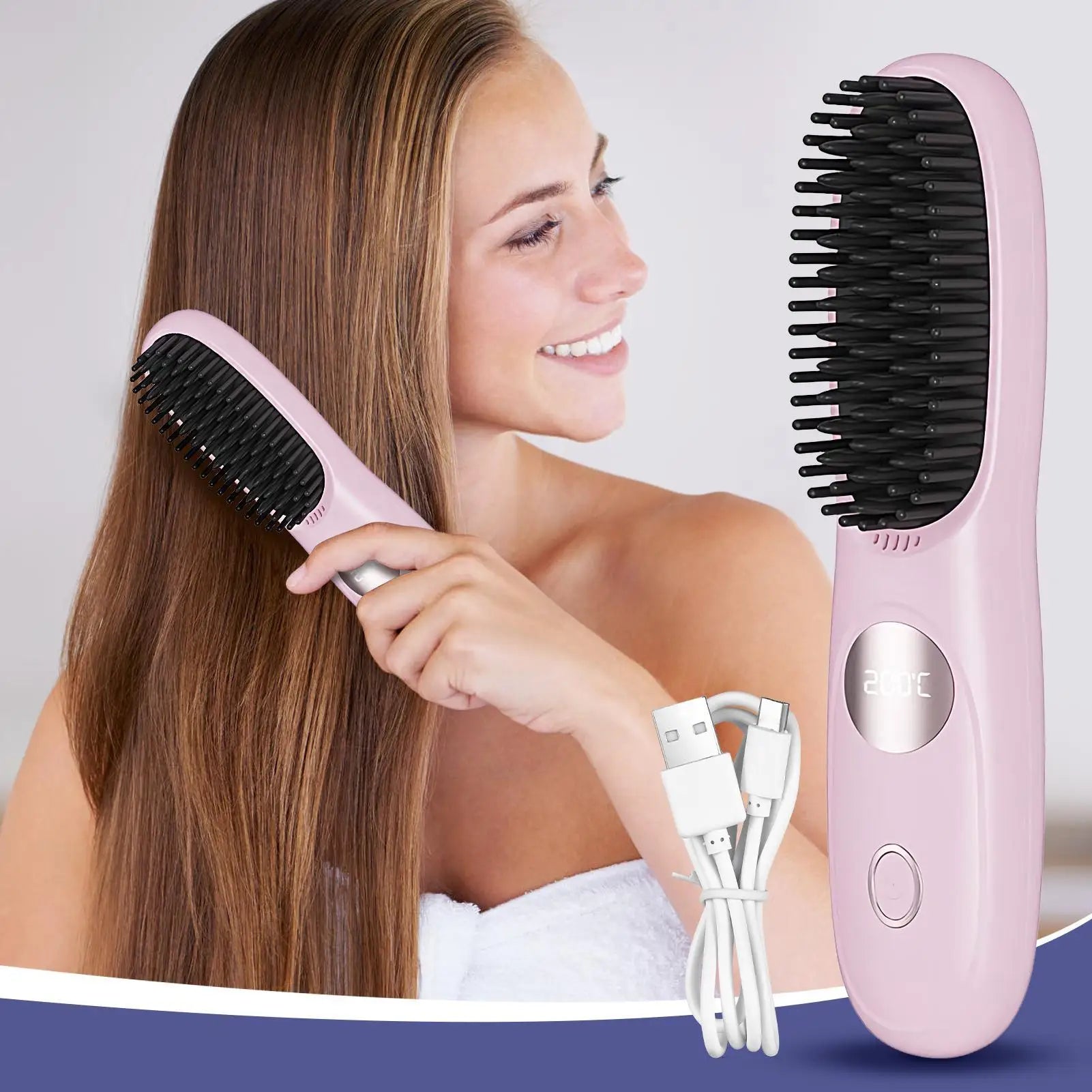 Hair Straightener Brush 3 Level Cordless USB Charging Straightener Portable Mini Straightening Brush for Home Travel