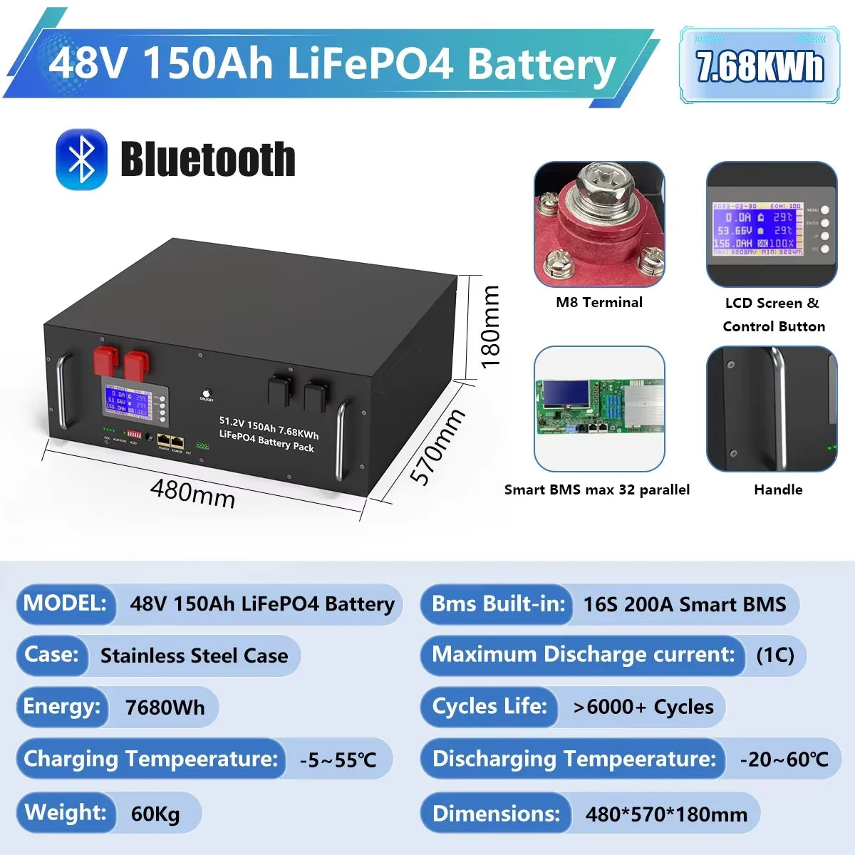 LiFePO4 Battery 48V 300Ah 15Kwh 6000+ Cycles Bluetooth BMS 100Ah 120Ah 150Ah 200Ah Home Solar Energy RV Lithium Battery EU STOCK